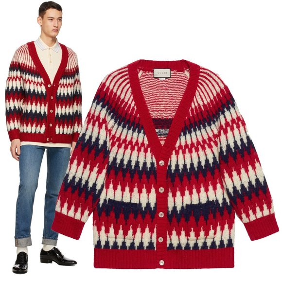 GUCCI MENS SWEATER ZIGZAG JACQUARD THICK WOOL KNITTED CARDIGAN sz M Medium